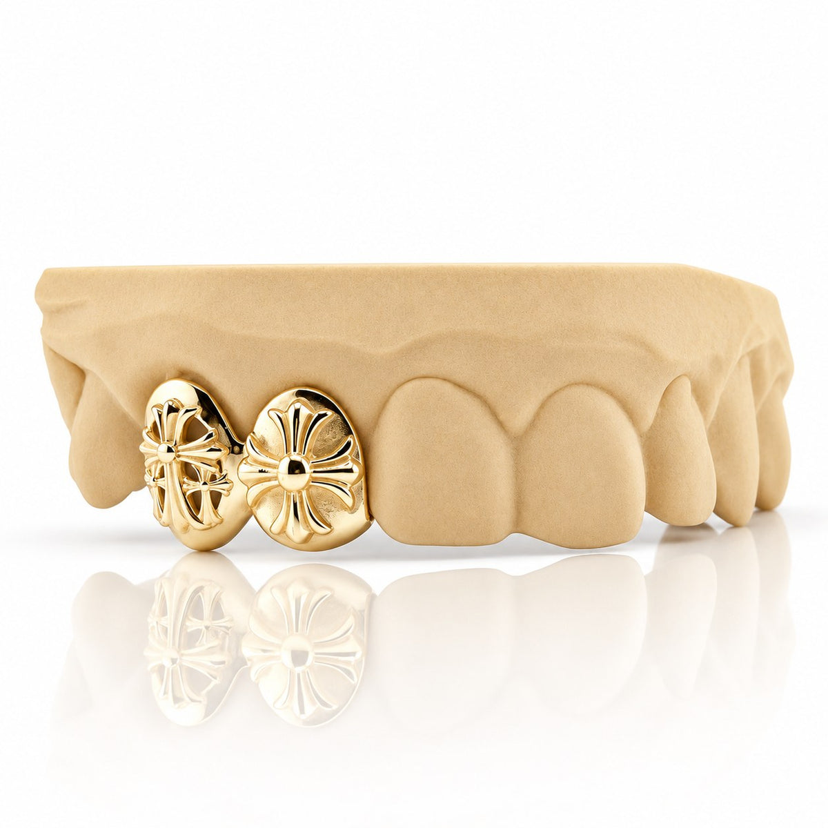 Custom 2pc top grillz with solid caps and 3D gothic crosses, yellow gold plated 925 silver - angle 1