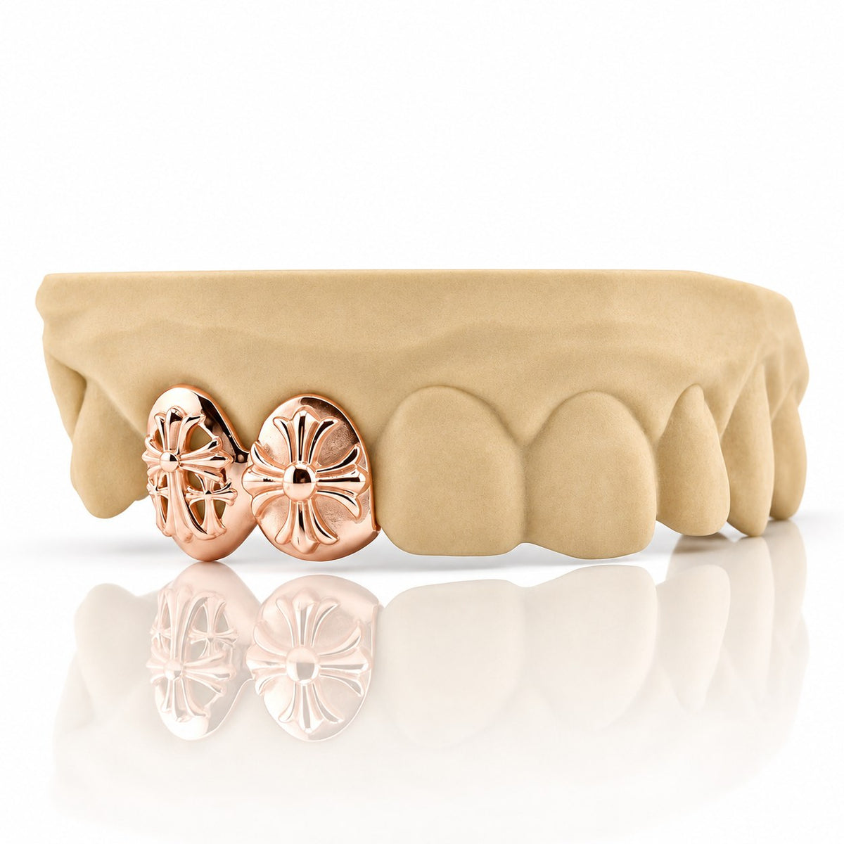 Custom 2pc top grillz with solid caps and 3D gothic crosses, rose gold plated 925 silver - angle 1