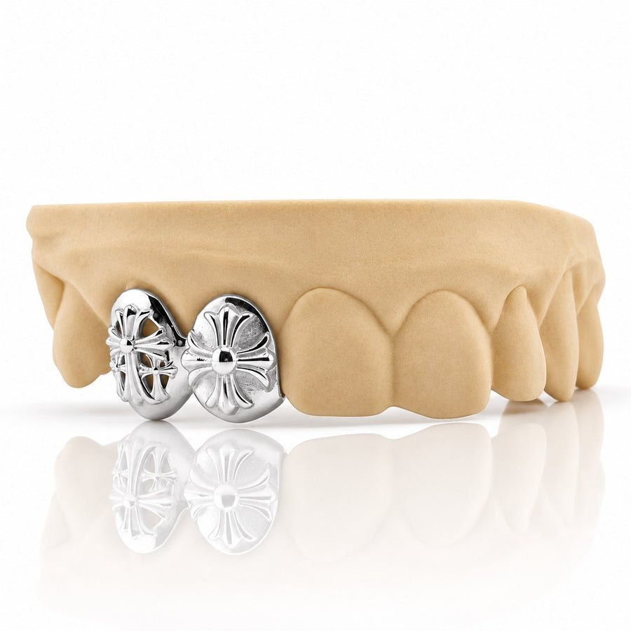 Custom 2pc top grillz with solid caps and 3D gothic crosses, white 925 sterling silver - angle 1