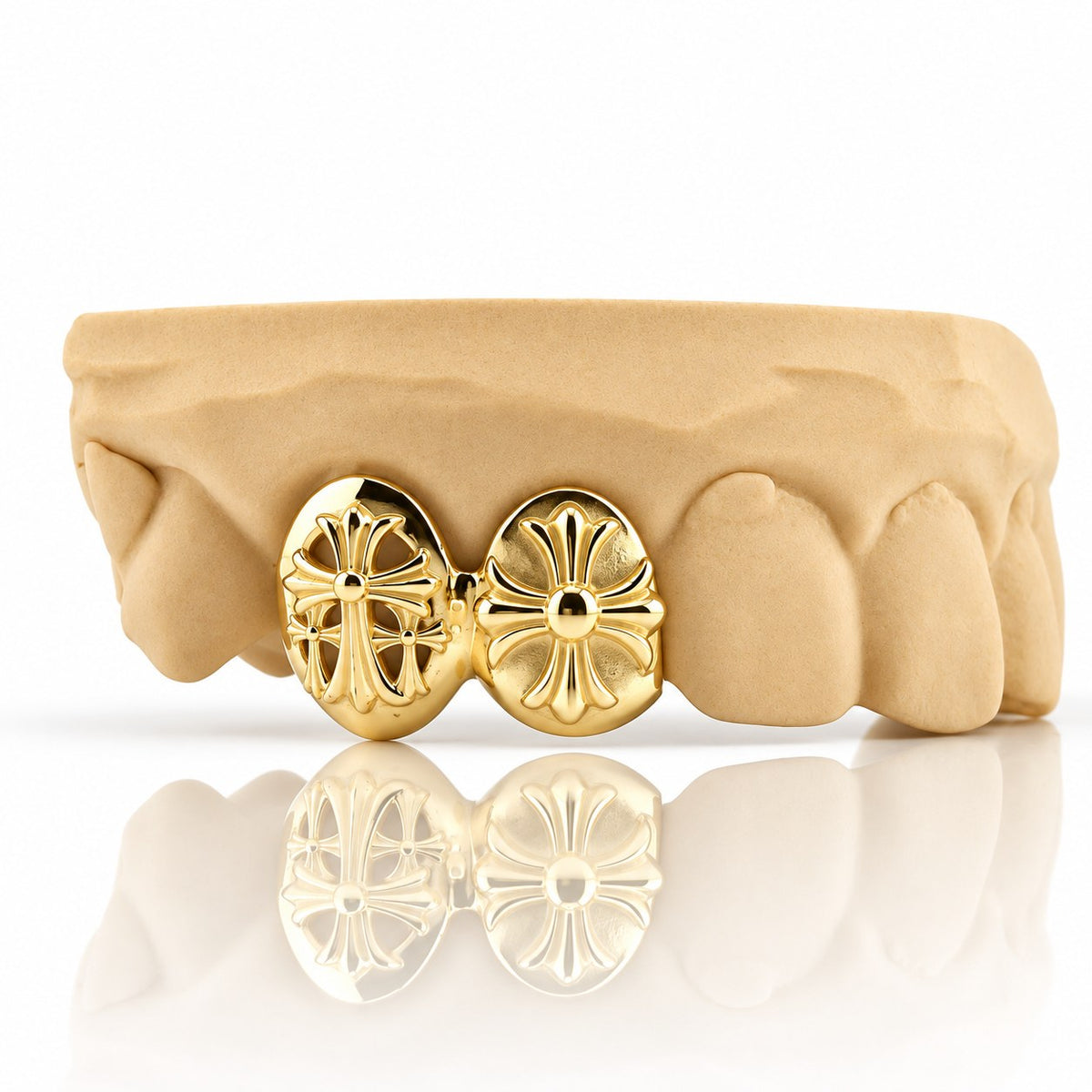 Custom 2pc top grillz with solid caps and 3D gothic crosses, yellow gold plated 925 silver - angle 2