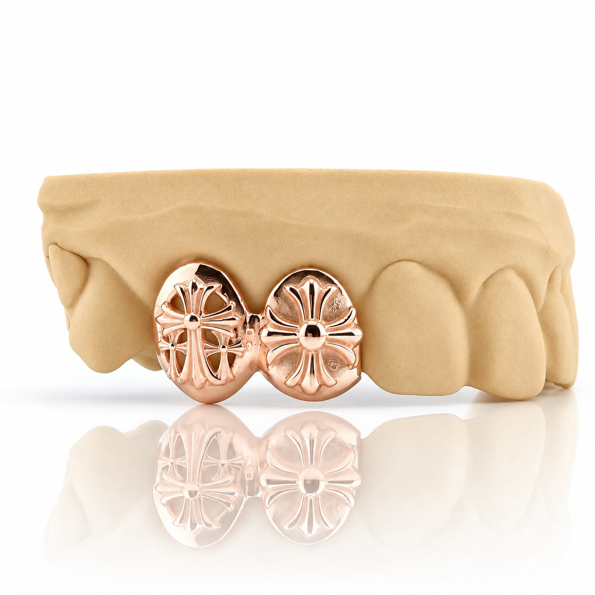 Custom 2pc top grillz with solid caps and 3D gothic crosses, rose gold plated 925 silver - angle 2