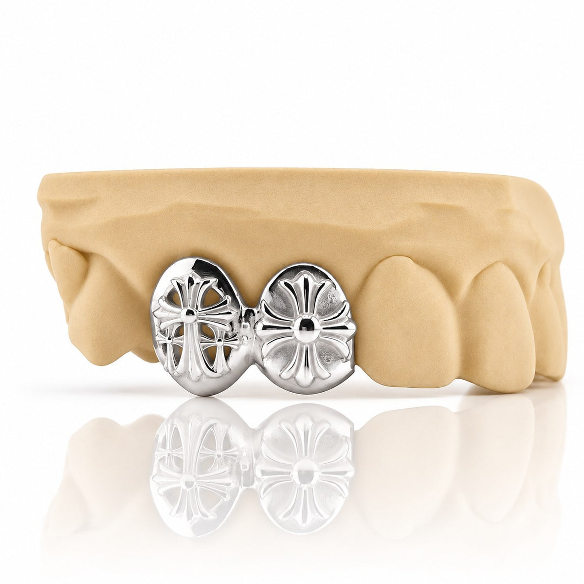 Custom 2pc top grillz with solid caps and 3D gothic crosses, white 925 sterling silver - angle 2
