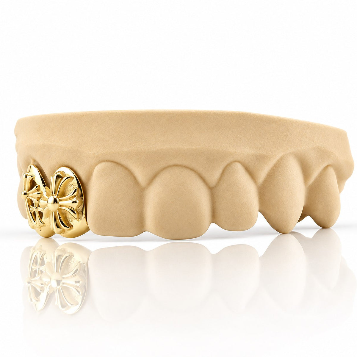 Custom 2pc top grillz with solid caps and 3D gothic crosses, yellow gold plated 925 silver - angle 3