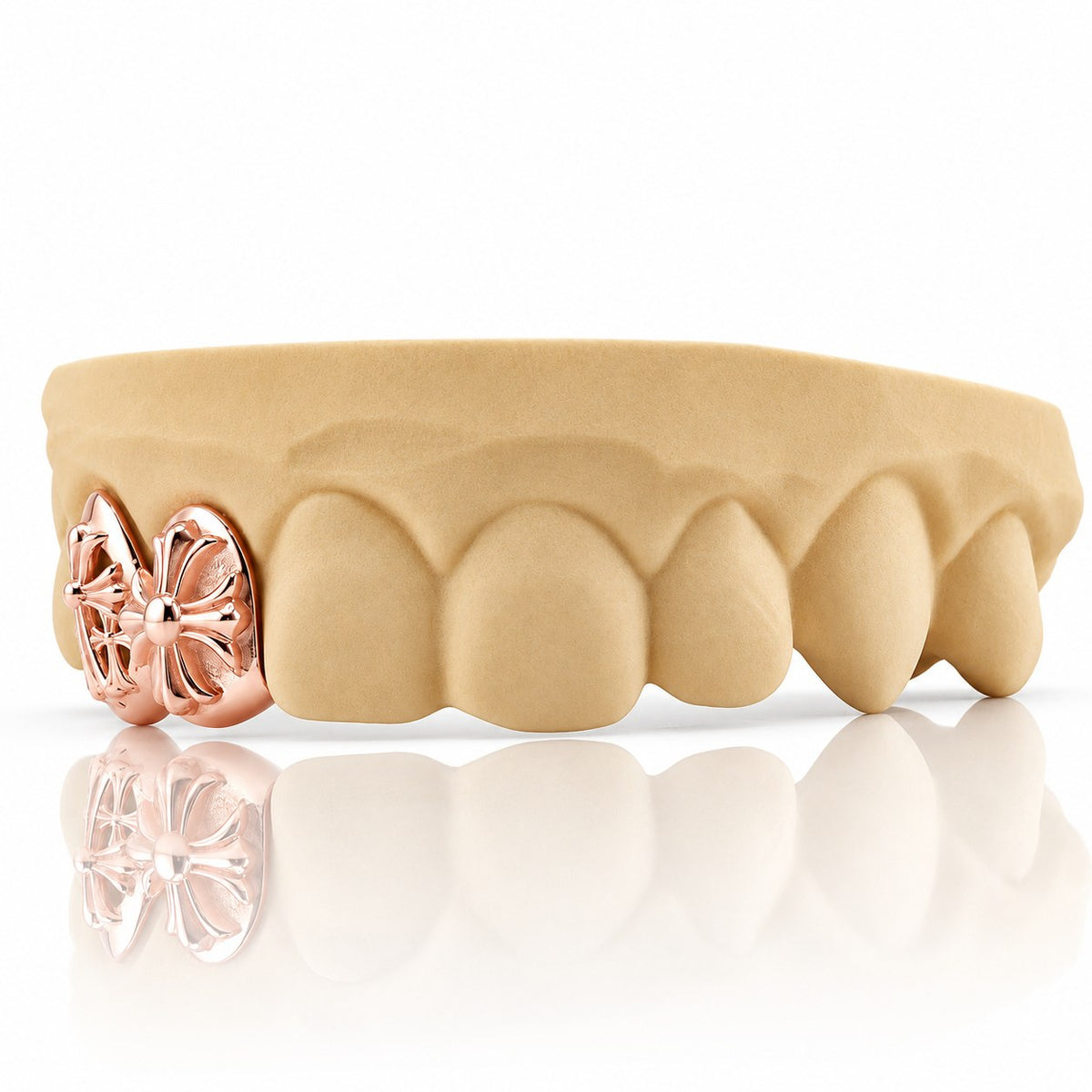 Custom 2pc top grillz with solid caps and 3D gothic crosses, rose gold plated 925 silver - angle 3
