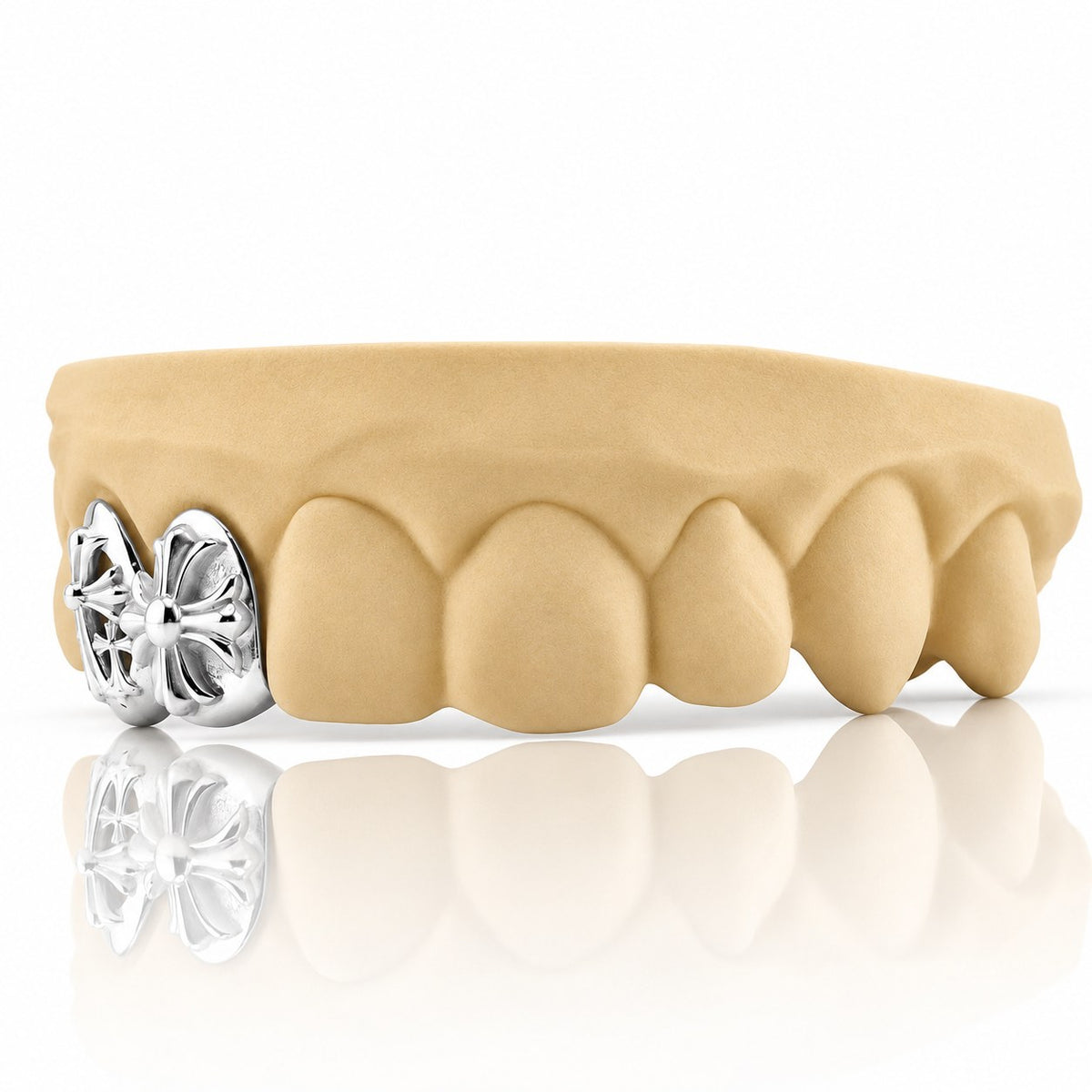 Custom 2pc top grillz with solid caps and 3D gothic crosses, white 925 sterling silver - angle 3