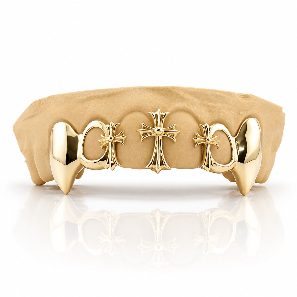 Custom 6pc top grillz with three gothic crosses, open face and extended fangs, yellow gold plated 925 silver - angle 1
