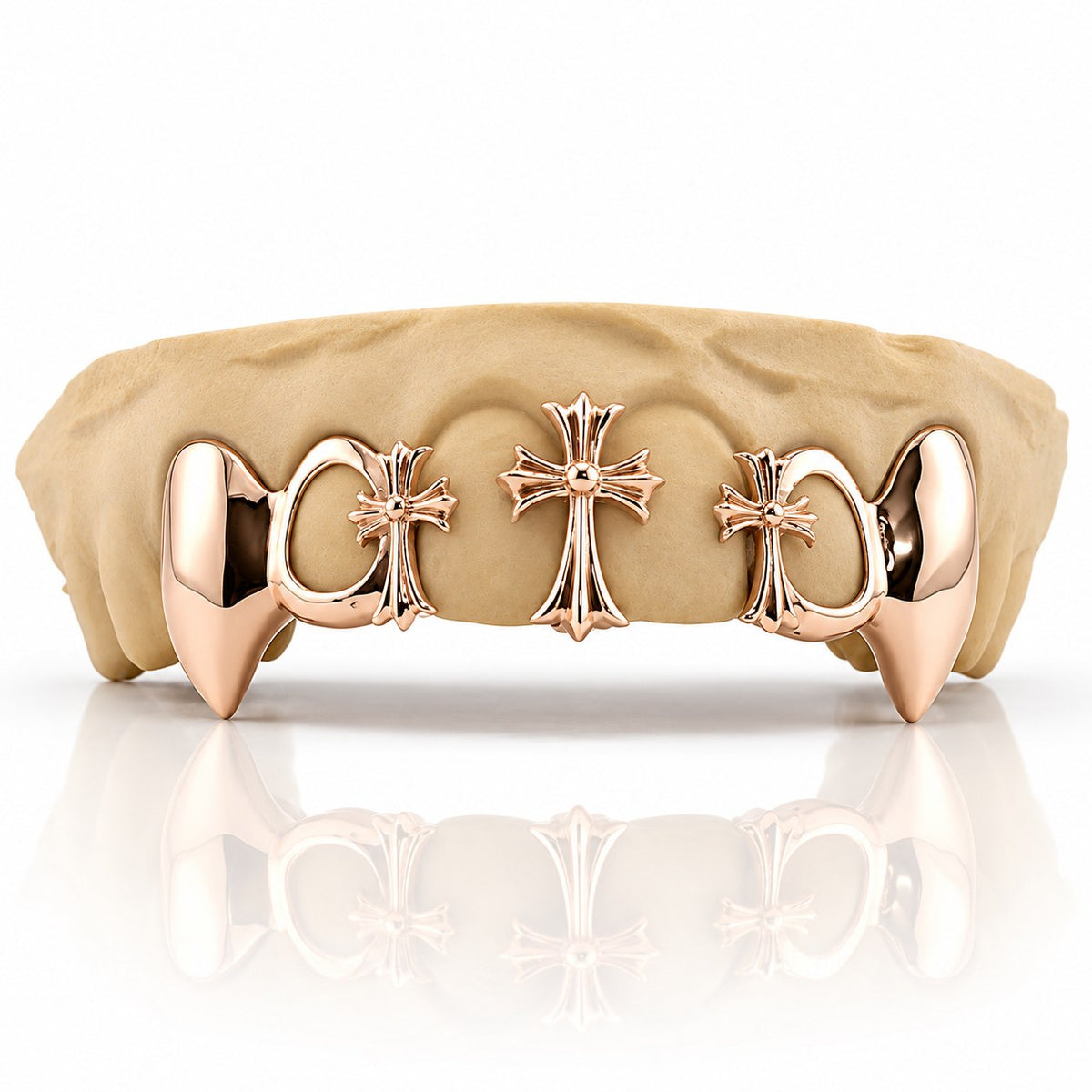 Custom 6pc top grillz with three gothic crosses, open face and extended fangs, rose gold plated 925 silver - angle 1