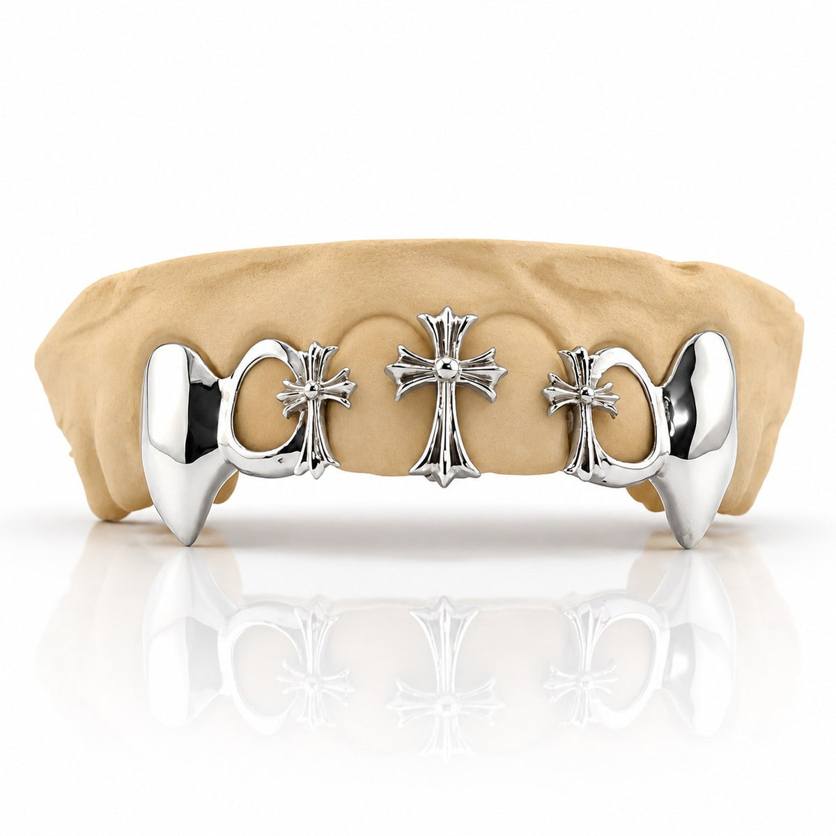 Custom 6pc top grillz with three gothic crosses, open face and extended fangs, white 925 sterling silver - angle 1