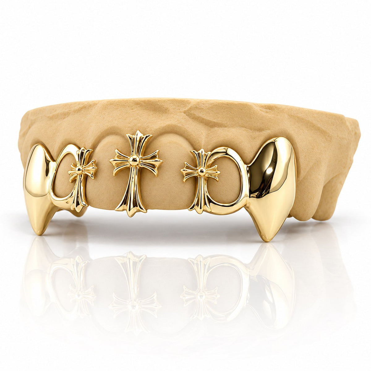 Custom 6pc top grillz with three gothic crosses, open face and extended fangs, yellow gold plated 925 silver - angle 2
