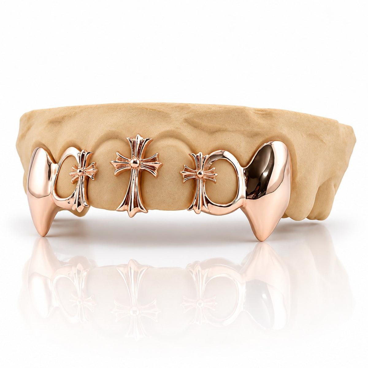 Custom 6pc top grillz with three gothic crosses, open face and extended fangs, rose gold plated 925 silver - angle 2