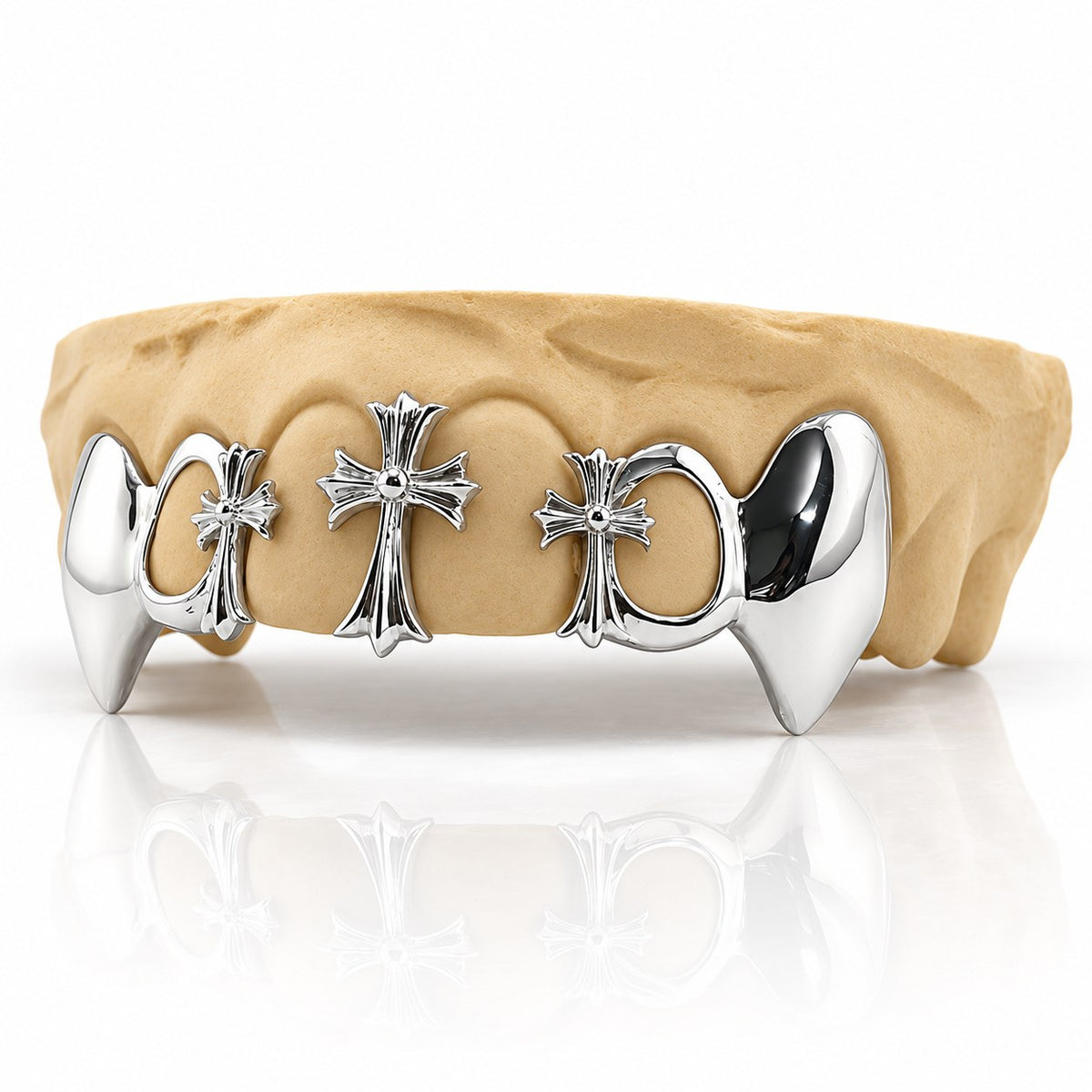 Custom 6pc top grillz with three gothic crosses, open face and extended fangs, white 925 sterling silver - angle 2