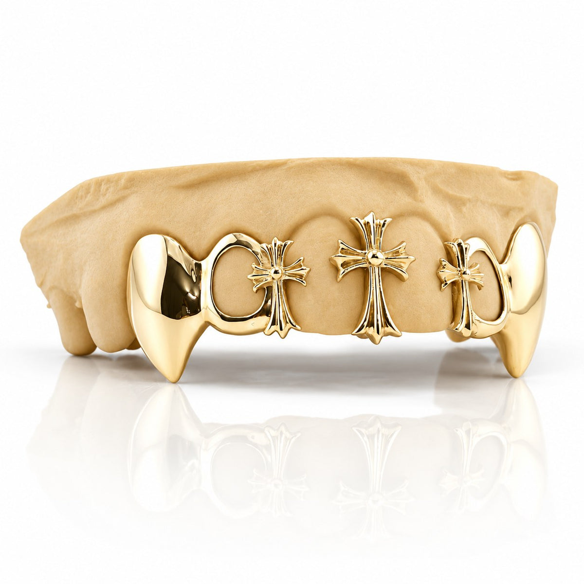 Custom 6pc top grillz with three gothic crosses, open face and extended fangs, yellow gold plated 925 silver - angle 3