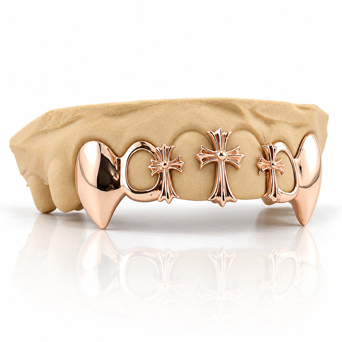 Custom 6pc top grillz with three gothic crosses, open face and extended fangs, rose gold plated 925 silver - angle 3
