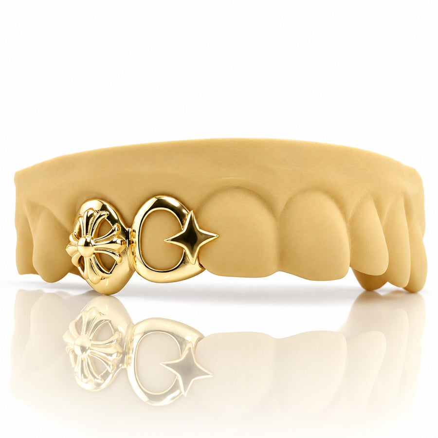 Custom 2pc gothic cross grillz with open crescent and star, yellow gold plated 925 silver - angle 1