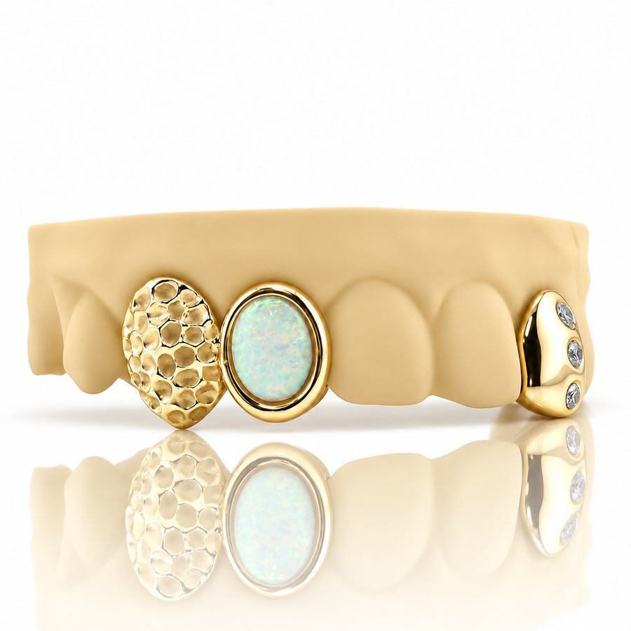 Custom 3pcs Opal Stone, Moissanite & Hammered Grillz: 925 Sterling Silver (Free Mold Kit)