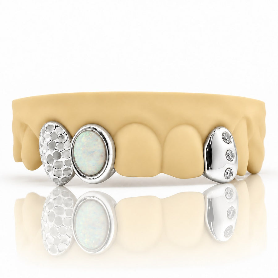 Custom 3pcs Opal Stone, Moissanite & Hammered Grillz: 925 Sterling Silver (Free Mold Kit)