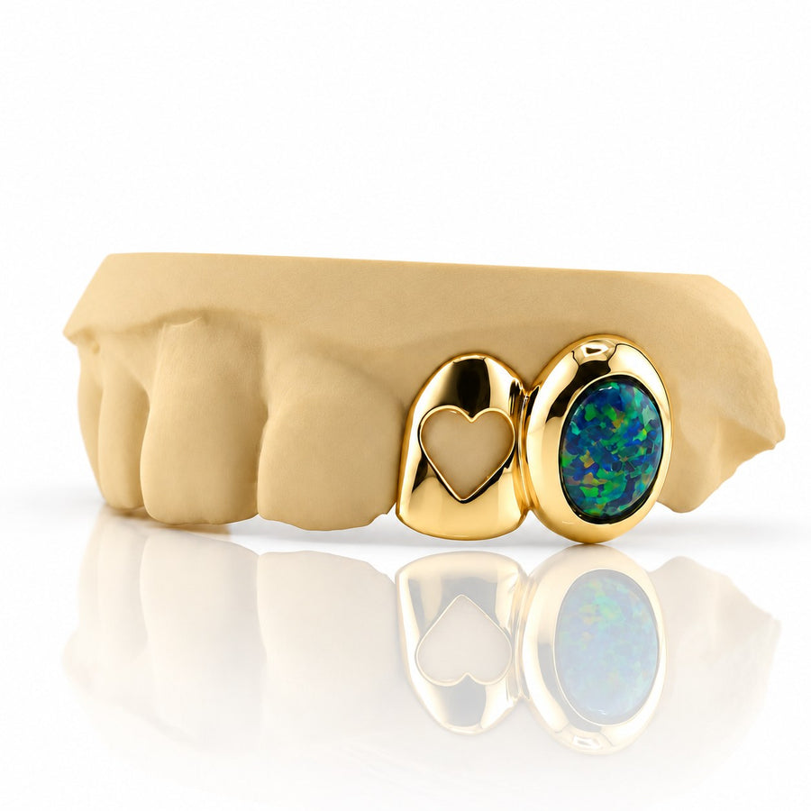 Custom 2pcs Open Heart x Opal Stone Grillz: 925 Sterling Silver (Free Mold Kit)