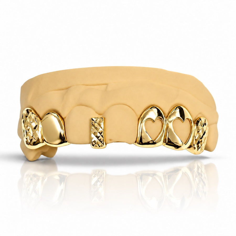 Custom 8pc Gap Filler x Open Hearts and Diamond Cut Grillz: 925 Sterling Silver (Free Mold Kit)
