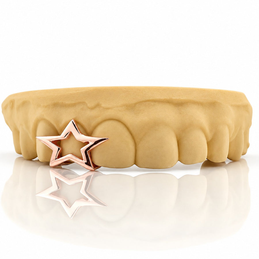 Custom grillz with hollow five-point star, rose gold plated 925 silver - angle 2