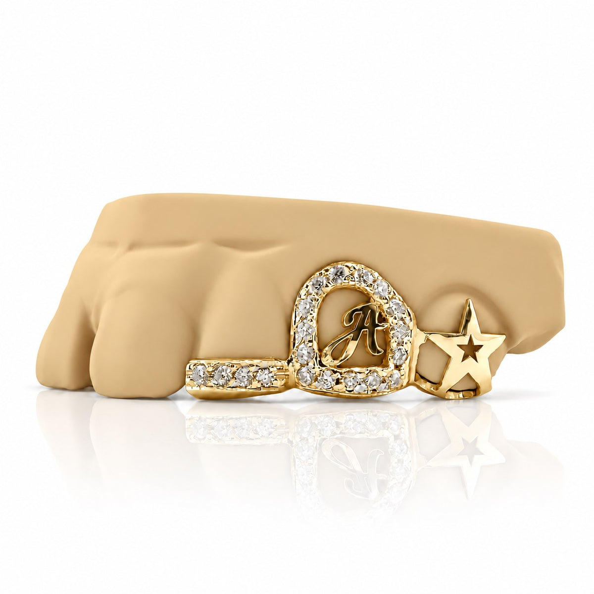 Custom 3pc grillz with moissanite initial letter, open star and textured band, yellow gold plated 925 silver - angle 1