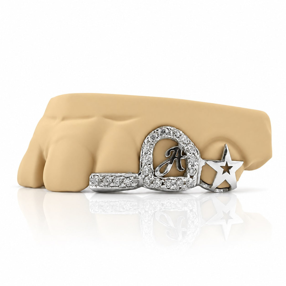 Custom 3pc grillz with moissanite initial letter, open star and textured band, white 925 sterling silver - angle 1