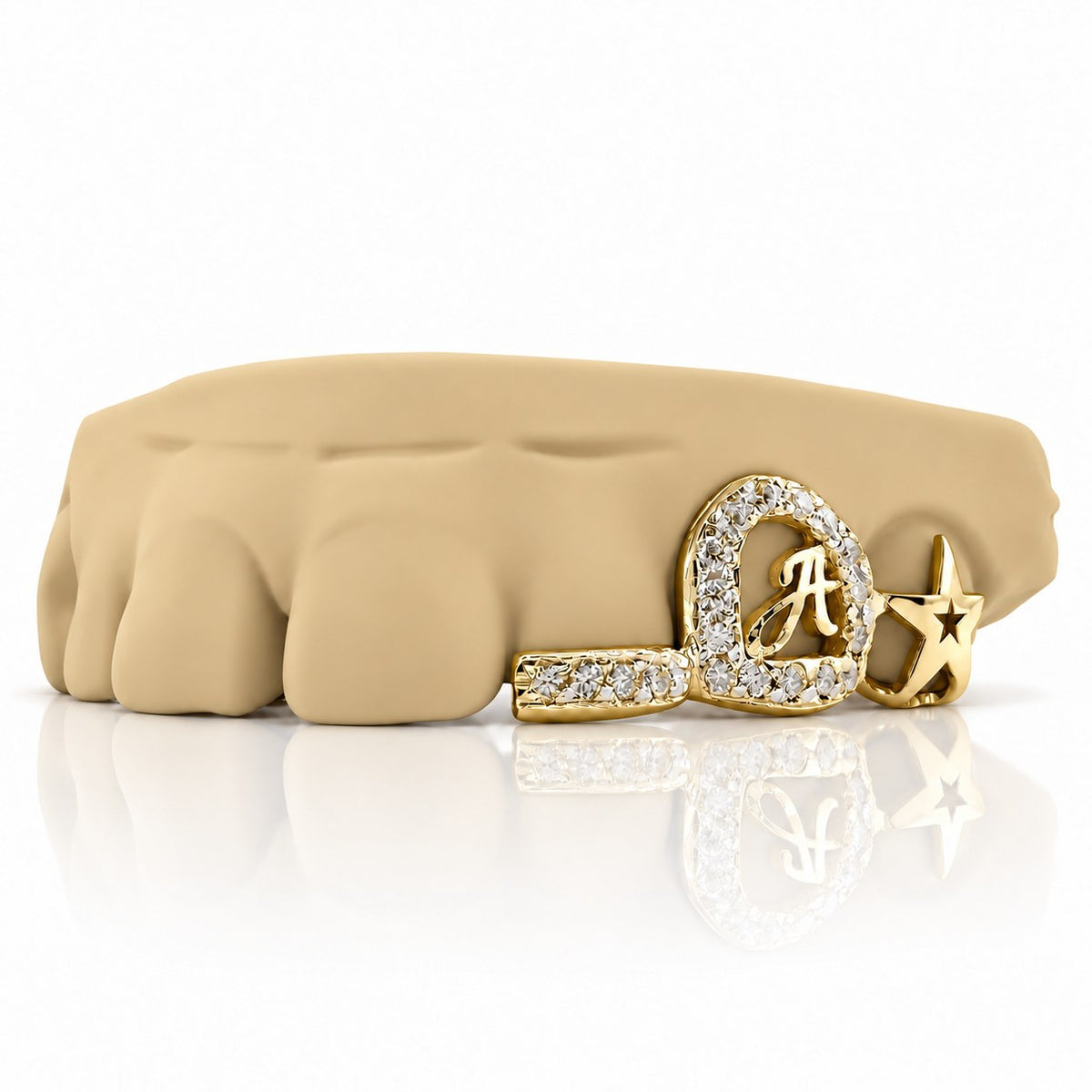 Custom 3pc grillz with moissanite initial letter, open star and textured band, yellow gold plated 925 silver - angle 2