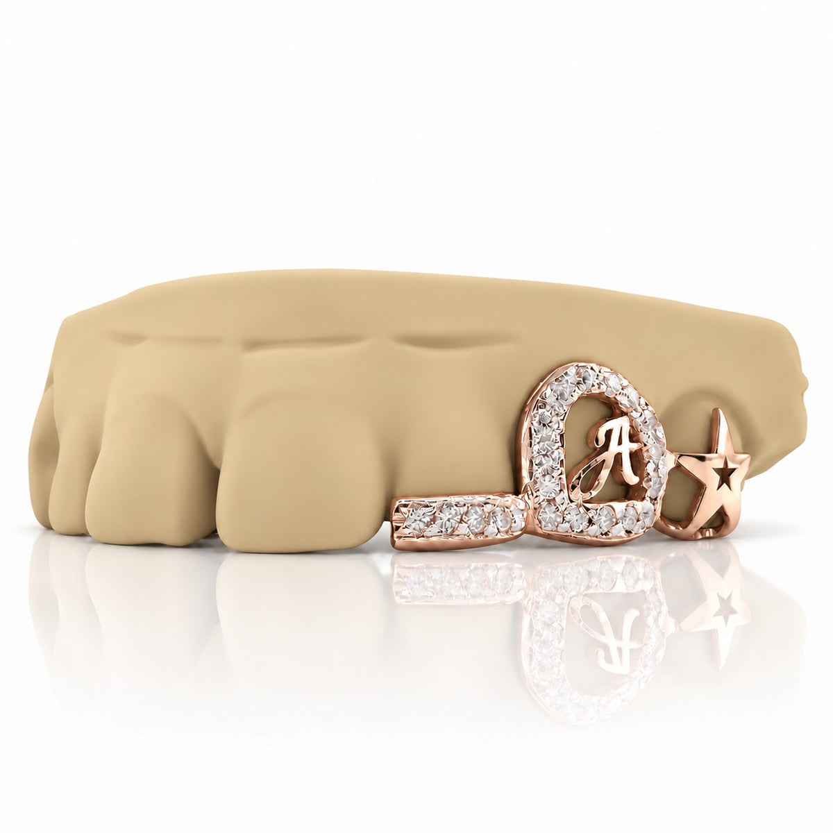 Custom 3pc grillz with moissanite initial letter, open star and textured band, rose gold plated 925 silver - angle 2