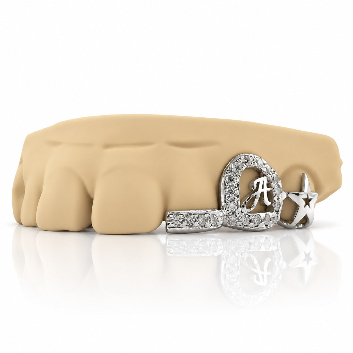 Custom 3pc grillz with moissanite initial letter, open star and textured band, white 925 sterling silver - angle 2