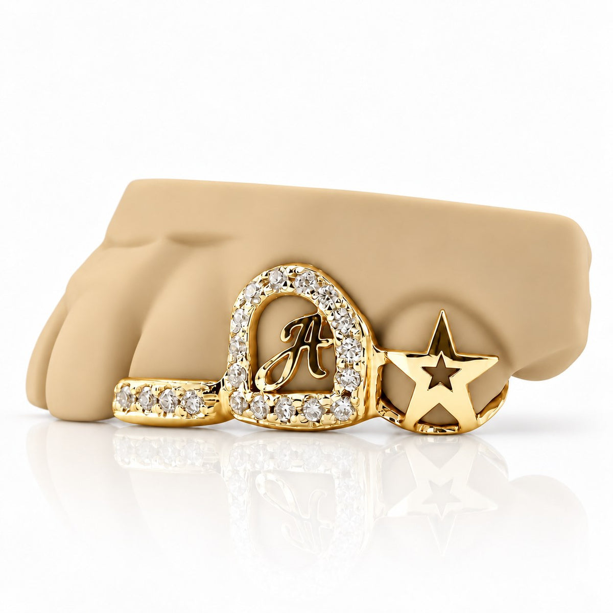 Custom 3pc grillz with moissanite initial letter, open star and textured band, yellow gold plated 925 silver - angle 3