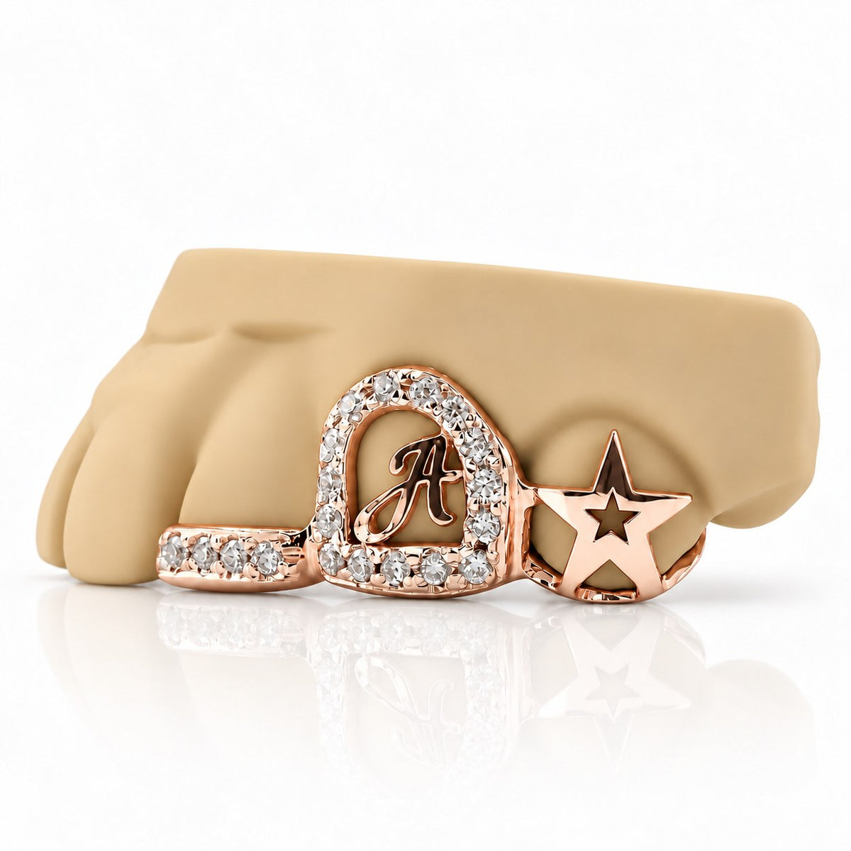 Custom 3pc grillz with moissanite initial letter, open star and textured band, rose gold plated 925 silver - angle 3