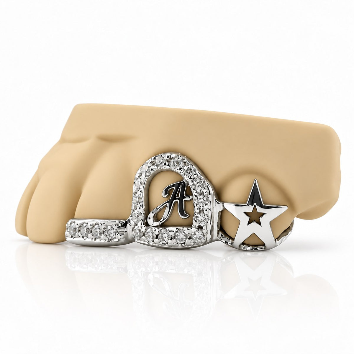 Custom 3pc grillz with moissanite initial letter, open star and textured band, white 925 sterling silver - angle 3