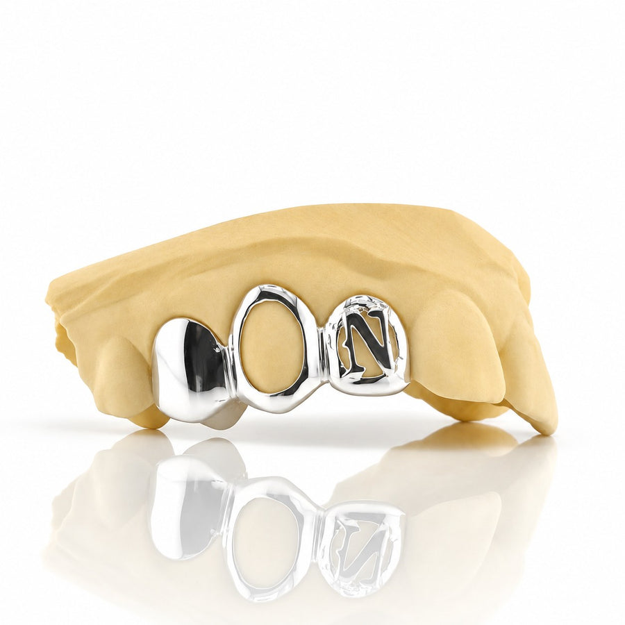 Custom 3pc grillz with solid cap, open face and initial letter, white 925 sterling silver - angle 1