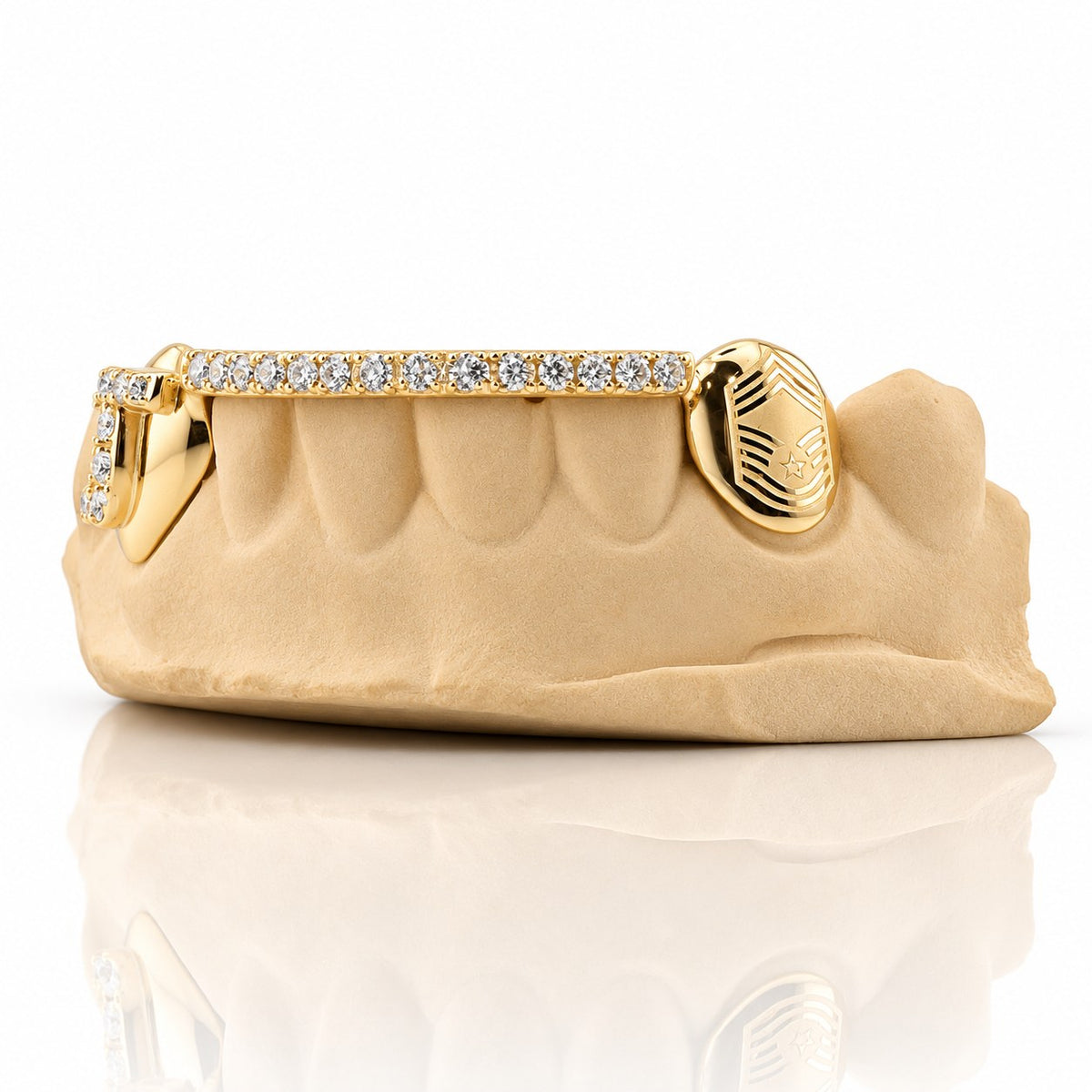 Custom 6pc bottom grillz with initial letter, gem bar and engraved cap, yellow gold plated 925 silver - angle 1