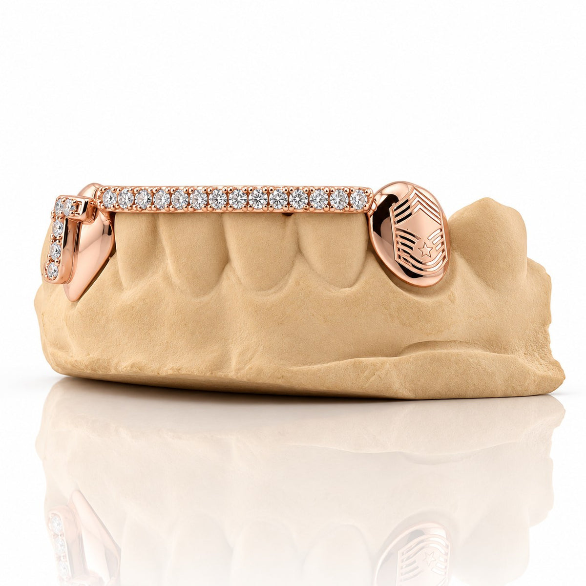 Custom 6pc bottom grillz with initial letter, gem bar and engraved cap, rose gold plated 925 silver - angle 1
