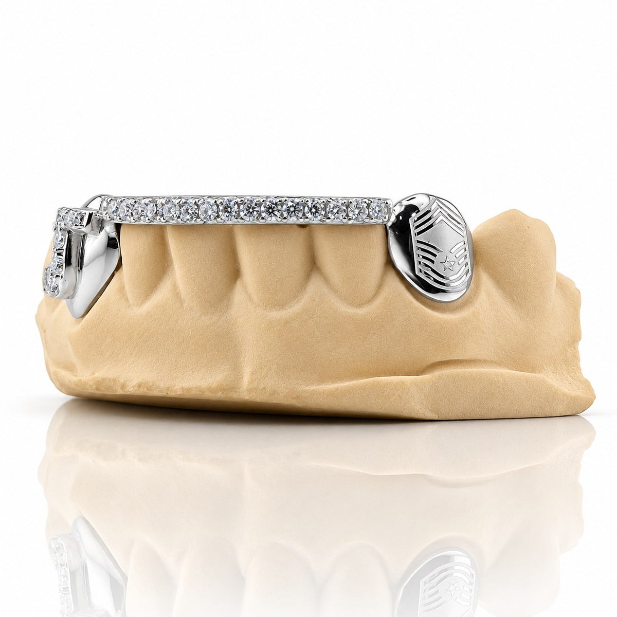 Custom 6pc bottom grillz with initial letter, gem bar and engraved cap, white 925 sterling silver - angle 1