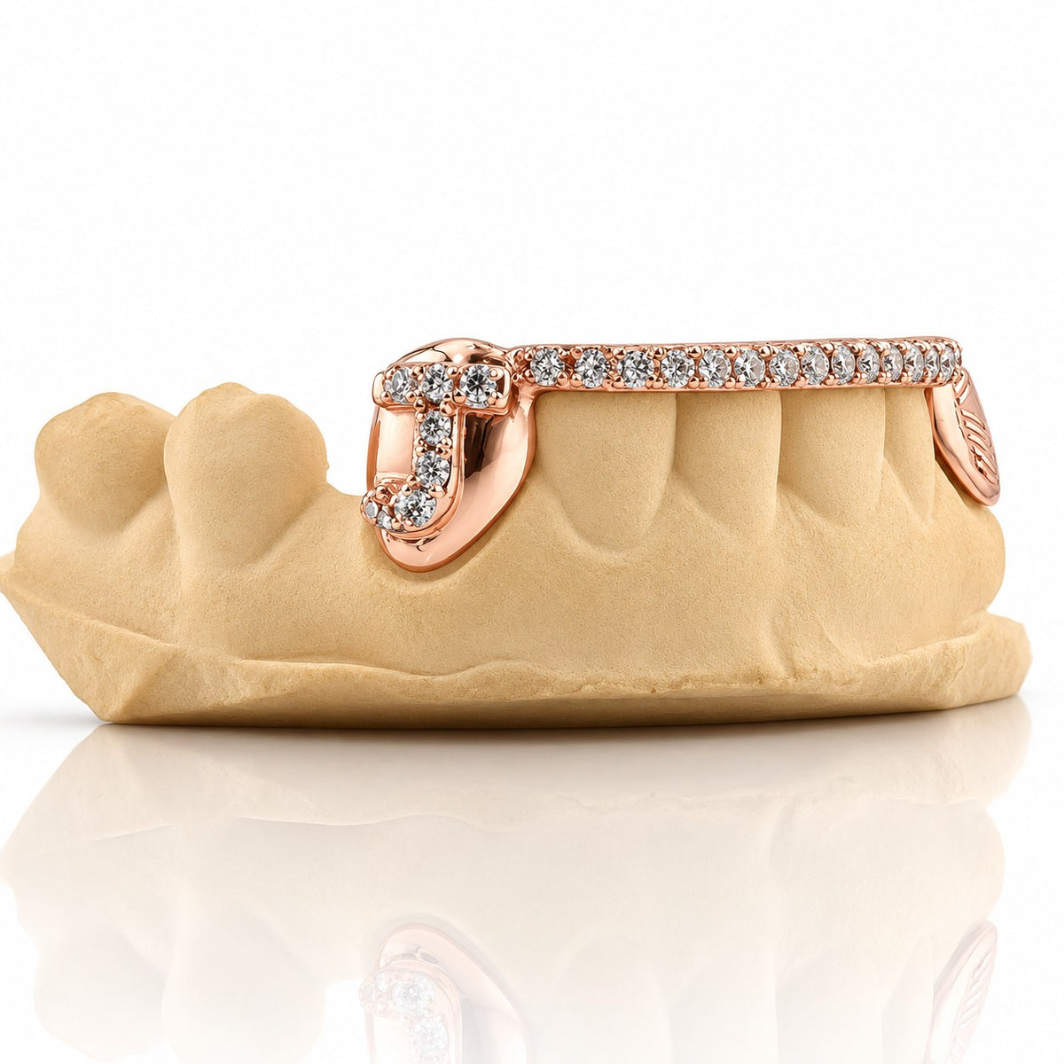 Custom 6pc bottom grillz with initial letter, gem bar and engraved cap, rose gold plated 925 silver - angle 2