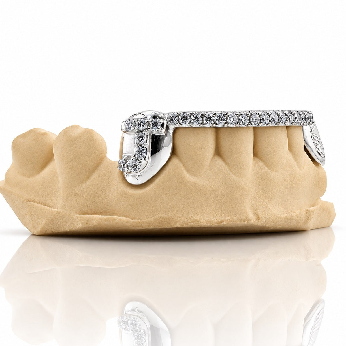 Custom 6pc bottom grillz with initial letter, gem bar and engraved cap, white 925 sterling silver - angle 2