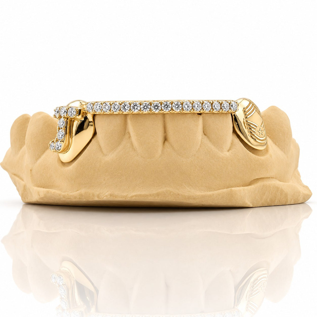 Custom 6pc bottom grillz with initial letter, gem bar and engraved cap, yellow gold plated 925 silver - angle 3