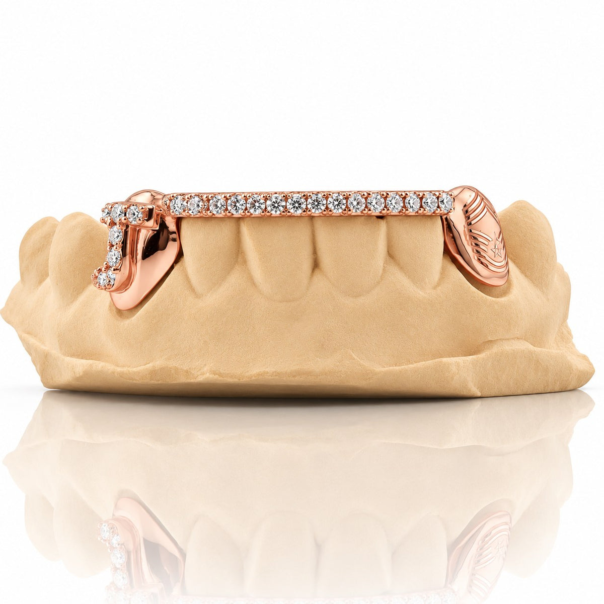 Custom 6pc bottom grillz with initial letter, gem bar and engraved cap, rose gold plated 925 silver - angle 3