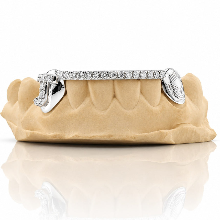 Custom 6pc bottom grillz with initial letter, gem bar and engraved cap, white 925 sterling silver - angle 3