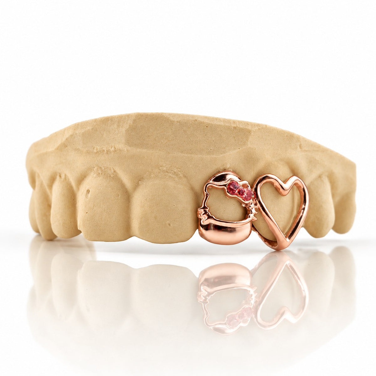 Custom 2pc top grillz with kitty face, pink stone bow and open heart, rose gold plated 925 silver - angle 1