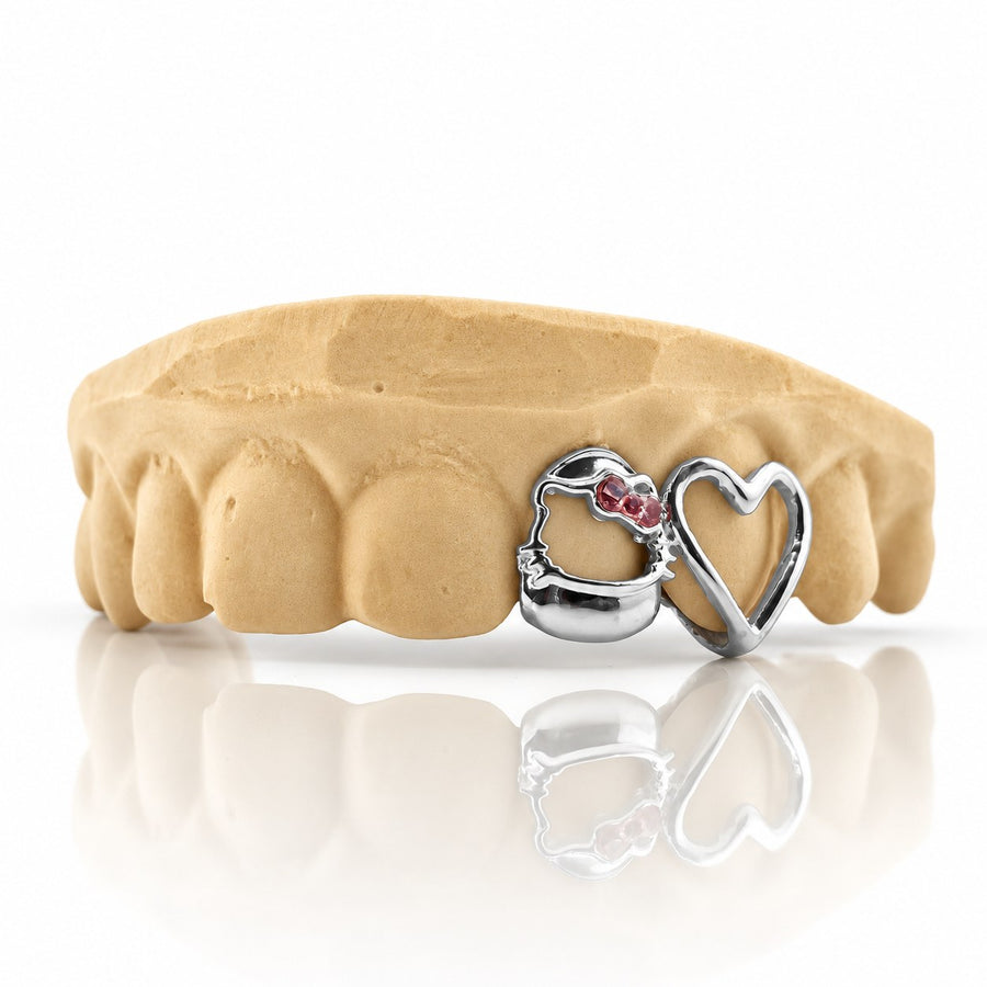 Custom 2pc top grillz with kitty face, pink stone bow and open heart, white 925 sterling silver - angle 1