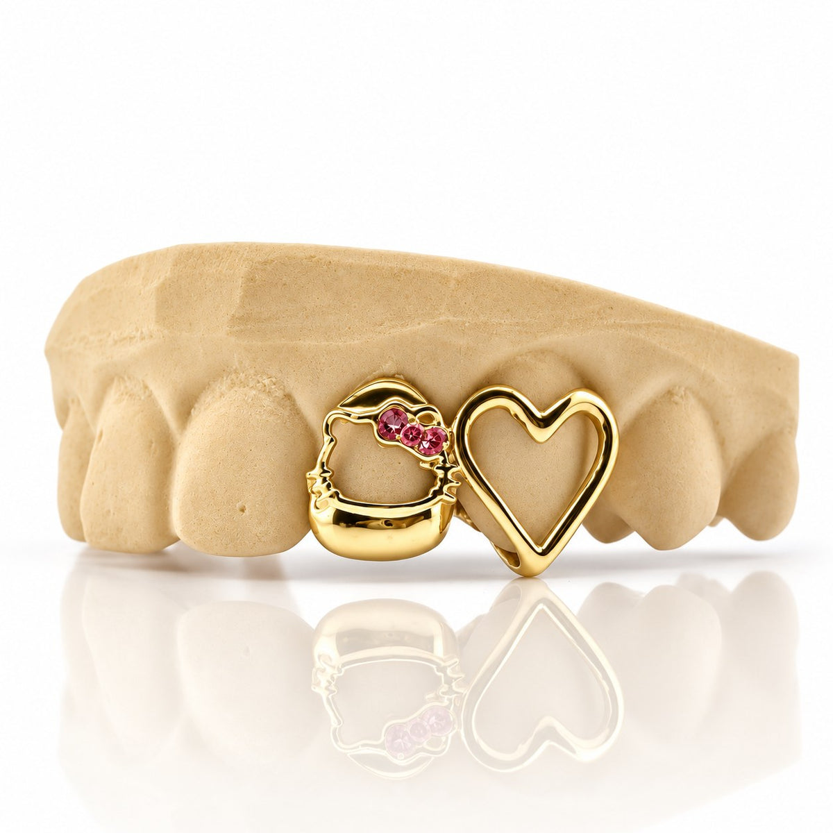 Custom 2pc top grillz with kitty face, pink stone bow and open heart, yellow gold plated 925 silver - angle 2