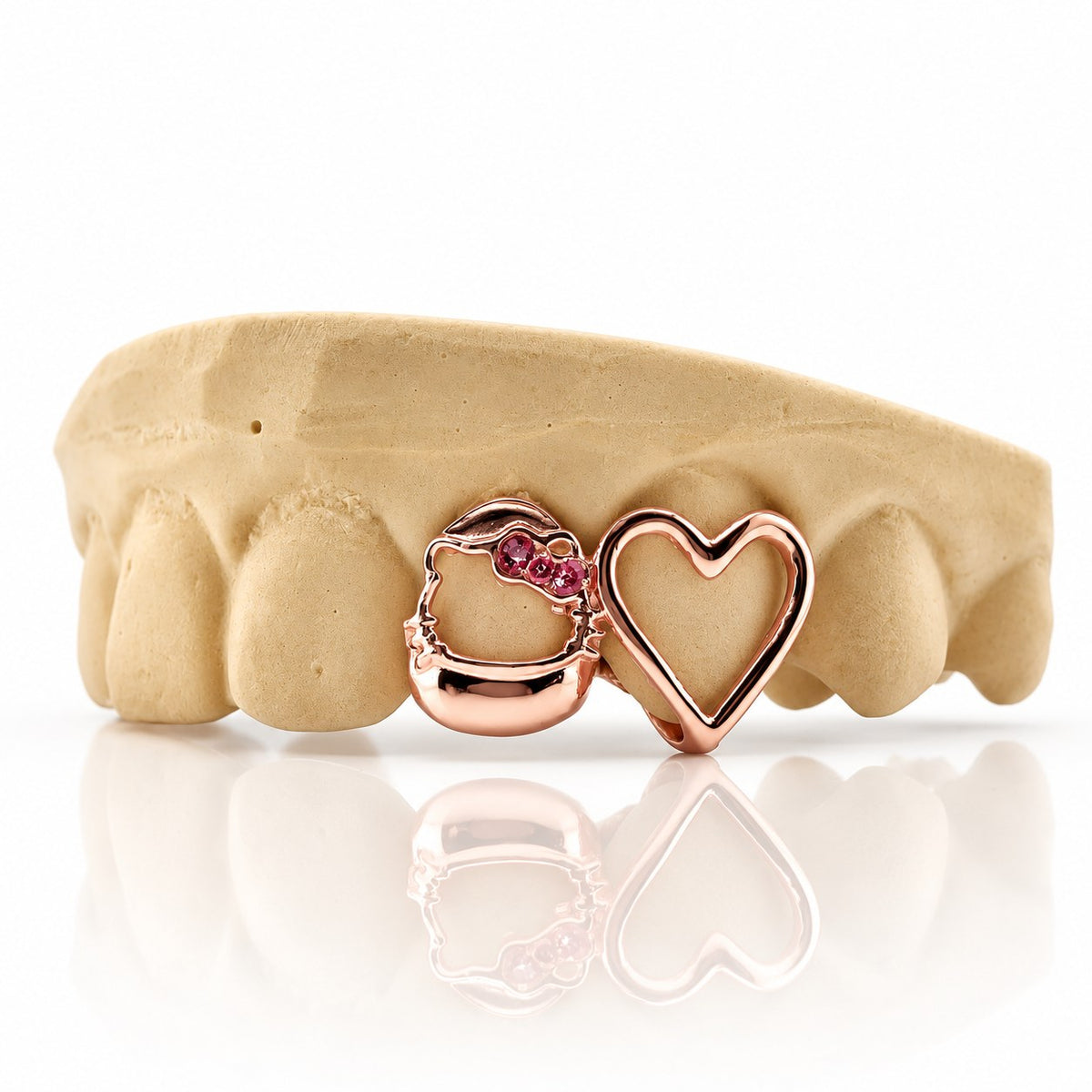 Custom 2pc top grillz with kitty face, pink stone bow and open heart, rose gold plated 925 silver - angle 2