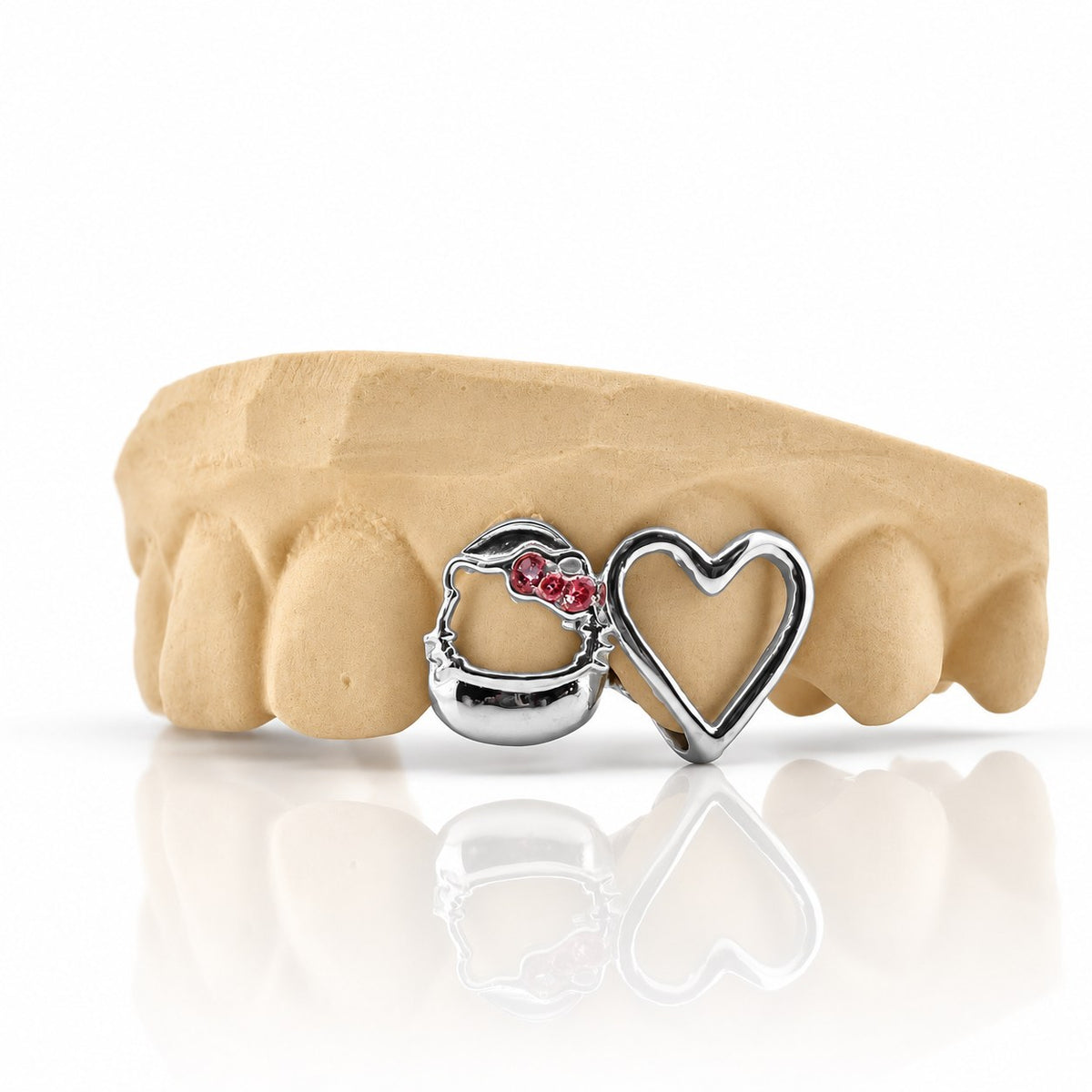 Custom 2pc top grillz with kitty face, pink stone bow and open heart, white 925 sterling silver - angle 2