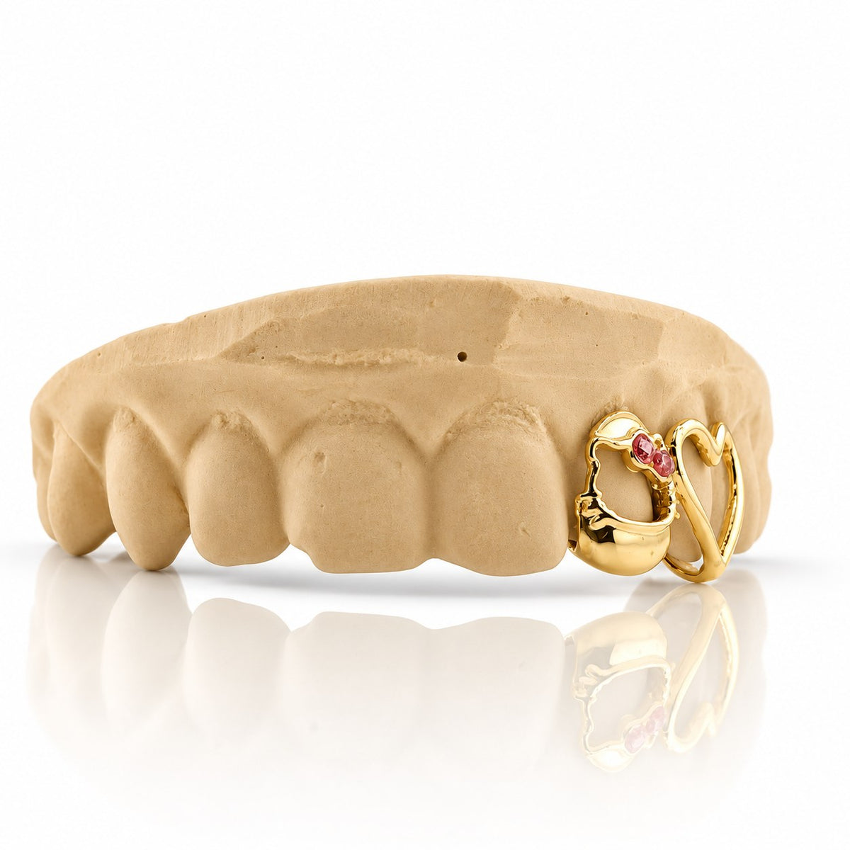 Custom 2pc top grillz with kitty face, pink stone bow and open heart, yellow gold plated 925 silver - angle 3