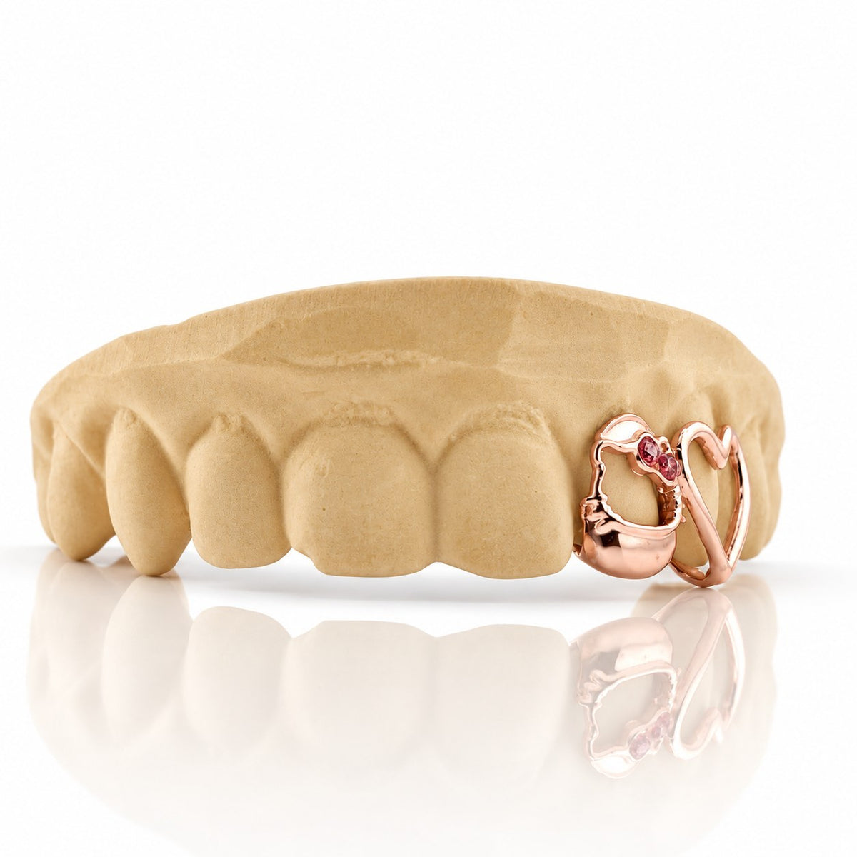 Custom 2pc top grillz with kitty face, pink stone bow and open heart, rose gold plated 925 silver - angle 3