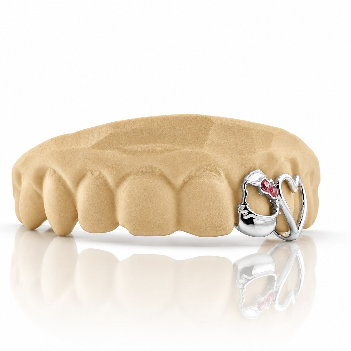 Custom 2pc top grillz with kitty face, pink stone bow and open heart, white 925 sterling silver - angle 3