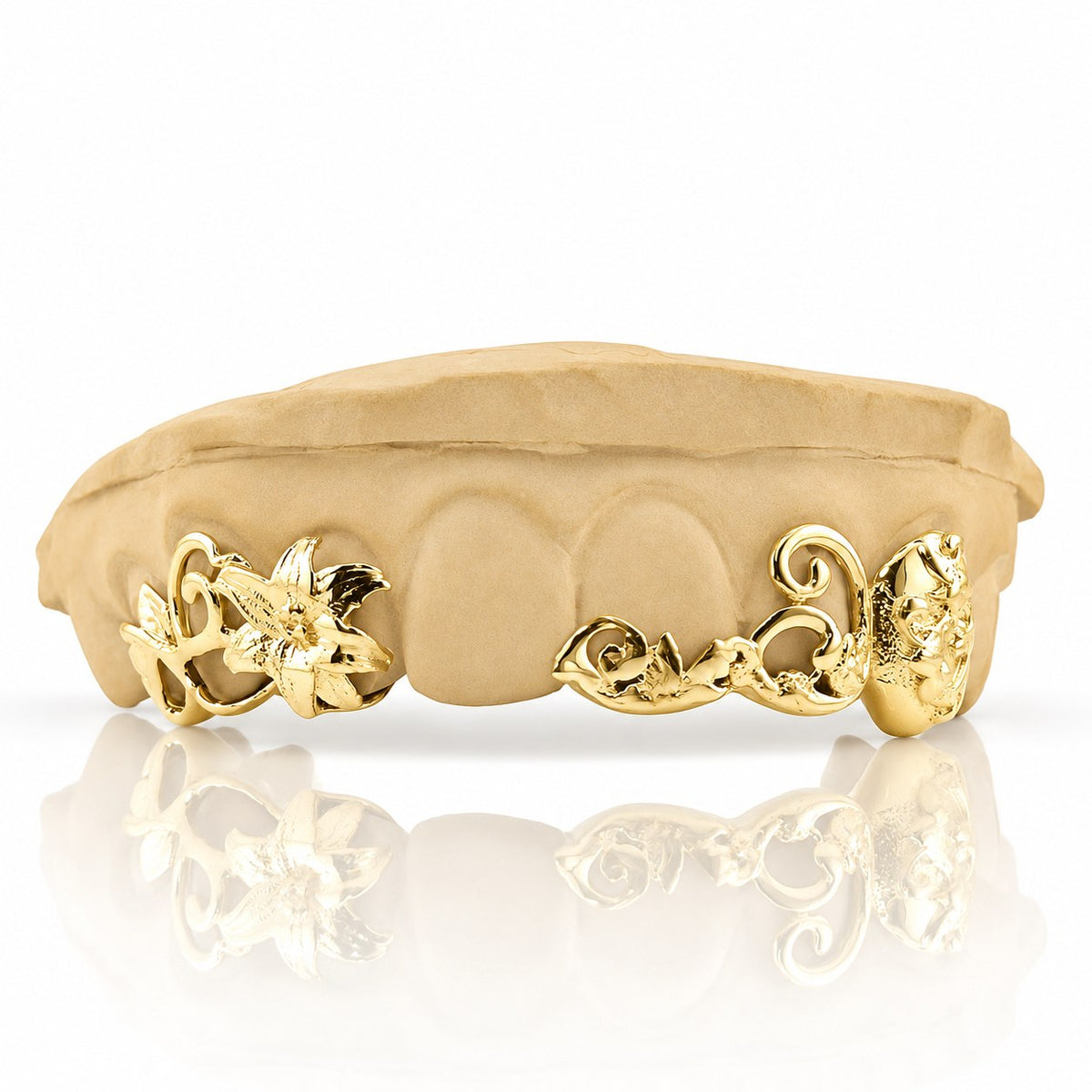 Custom 6pc top grillz with lily flower and vine filigree, yellow gold plated 925 silver - angle 1