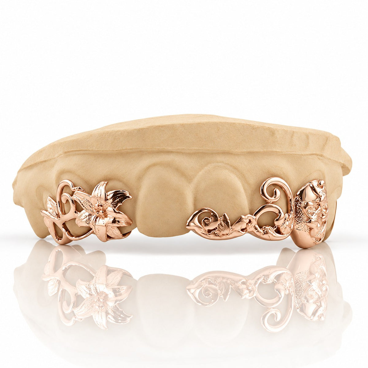 Custom 6pc top grillz with lily flower and vine filigree, rose gold plated 925 silver - angle 1